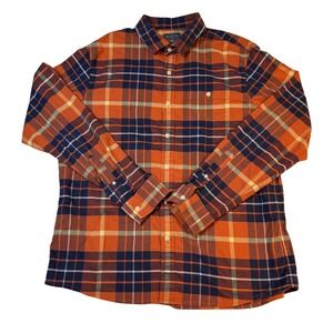 LL Bean Signature Mens Plaid Button Down Shirt Long Sleeve Orange Navy L